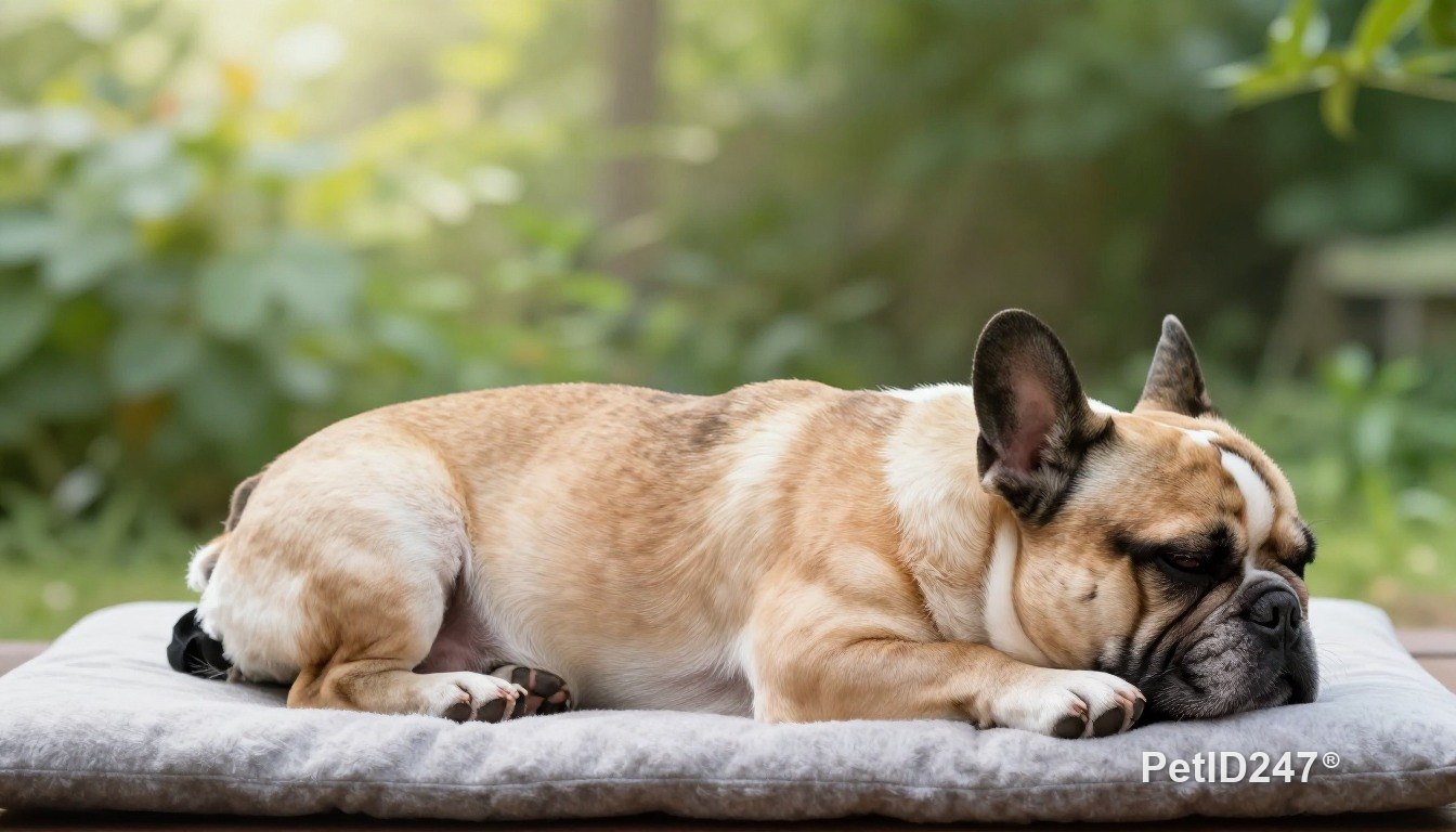 French bulldog sleeping on a cushion, morning light