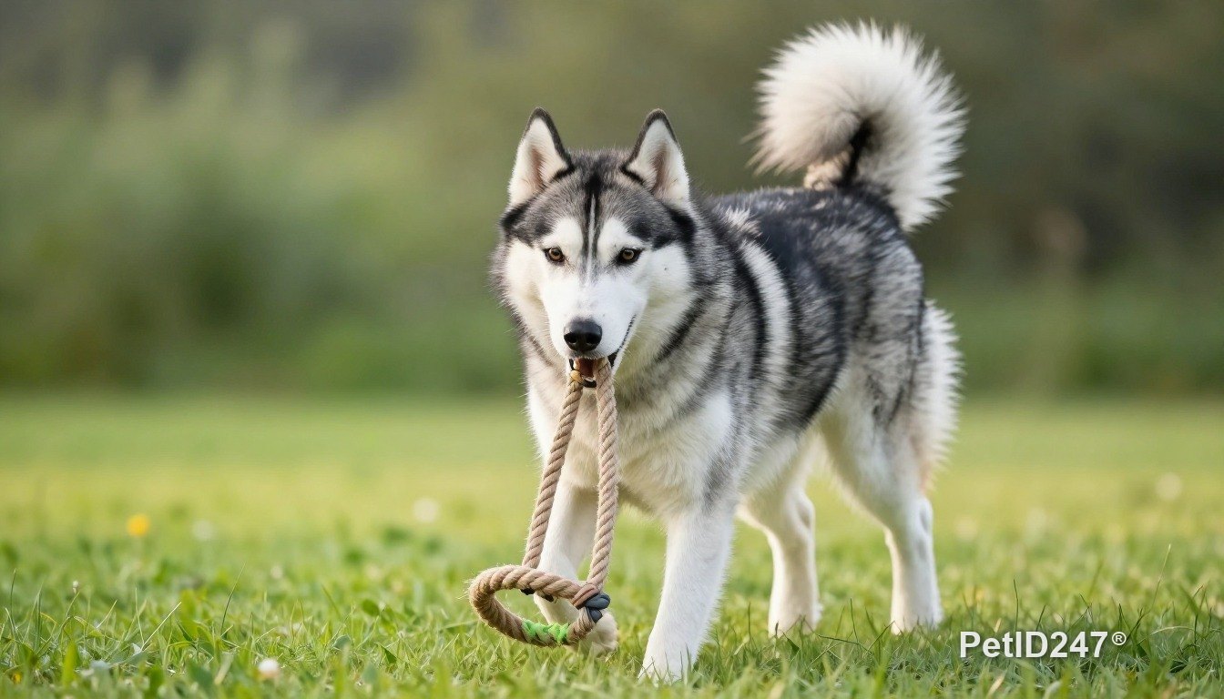 Siberian husky playing with a rope toy, morning light