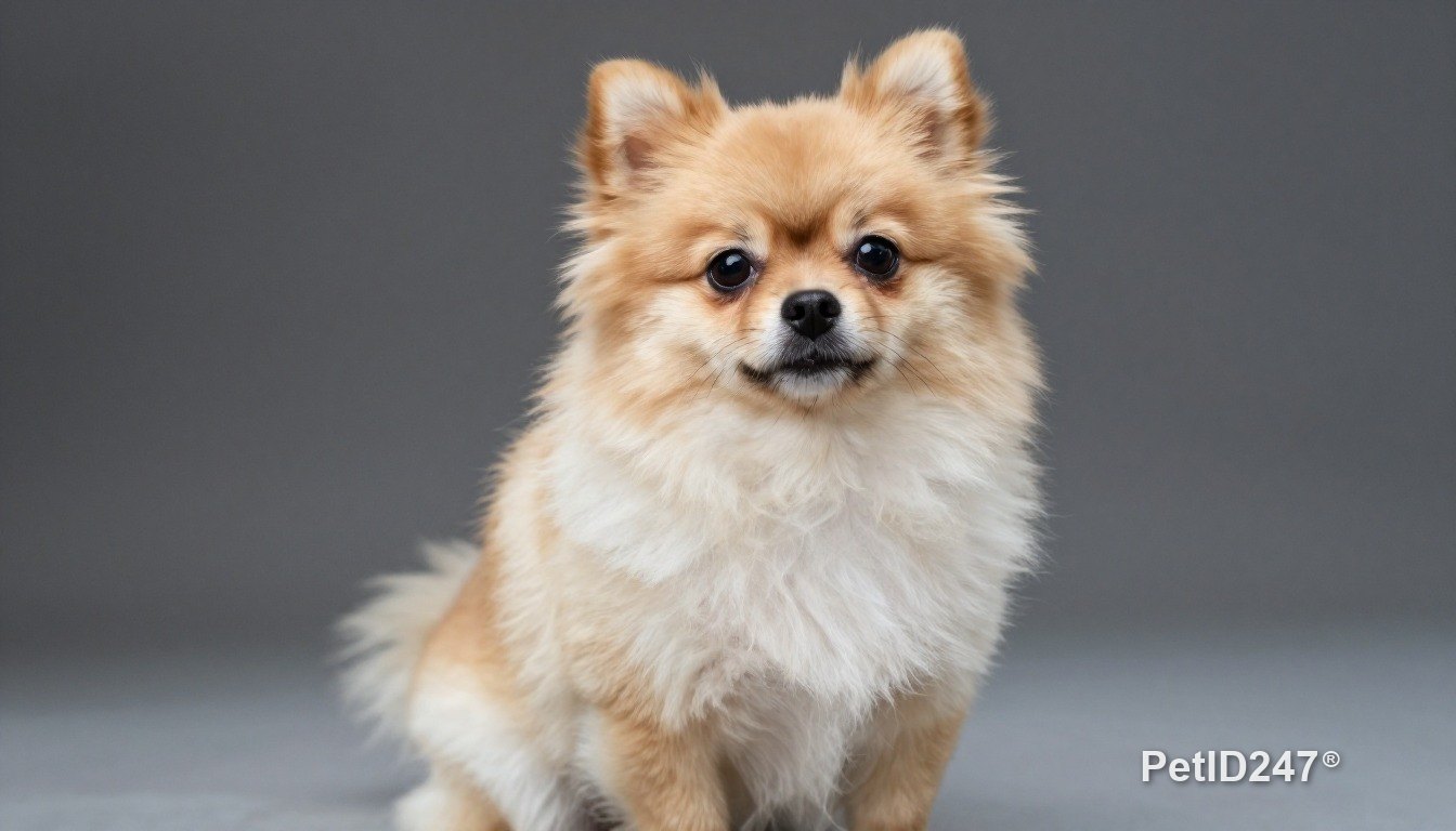 Pomeranian sitting, looking at the camera