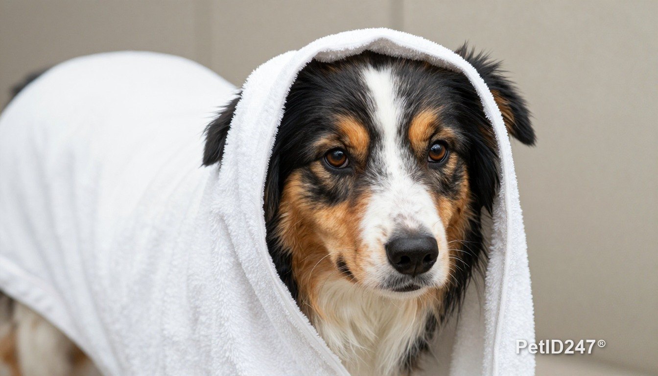 Border collie in a towel after a bath