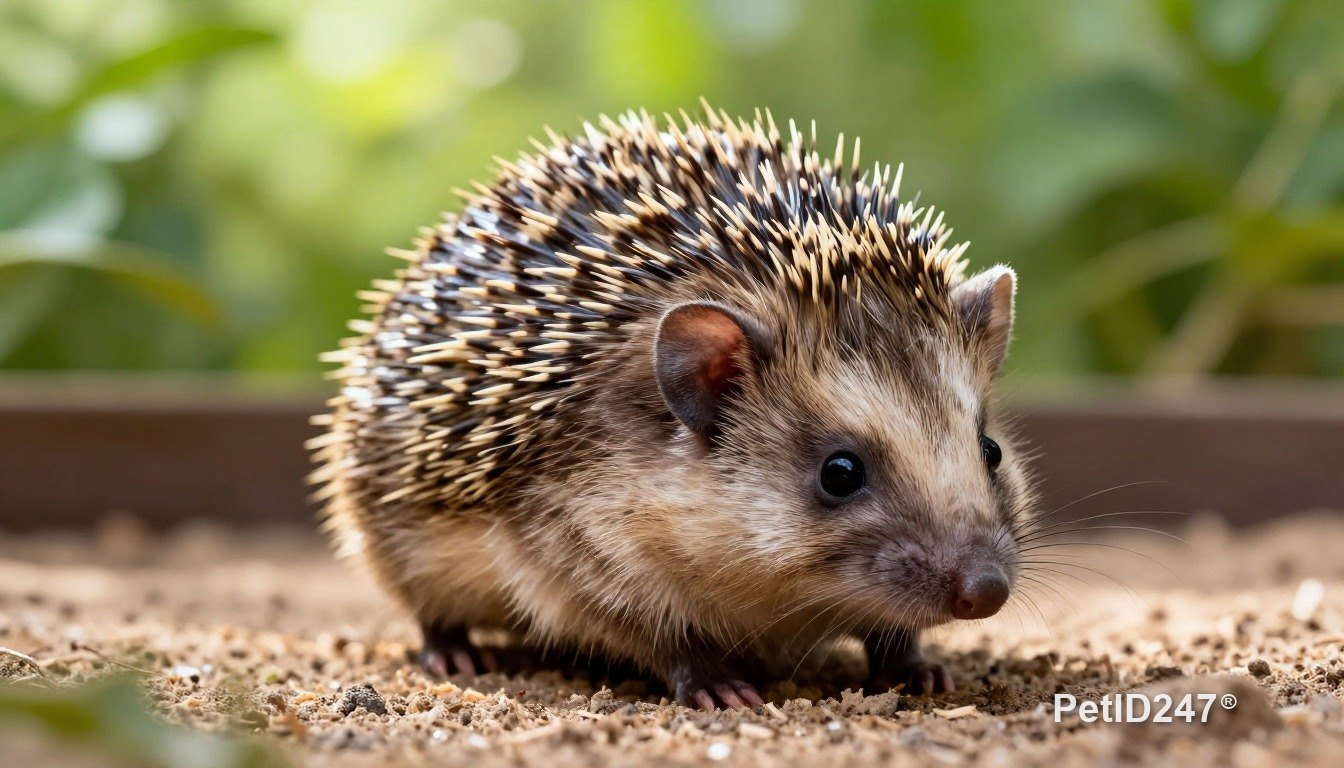 Pygmy hedgehog in a spacious enclosure, morning light