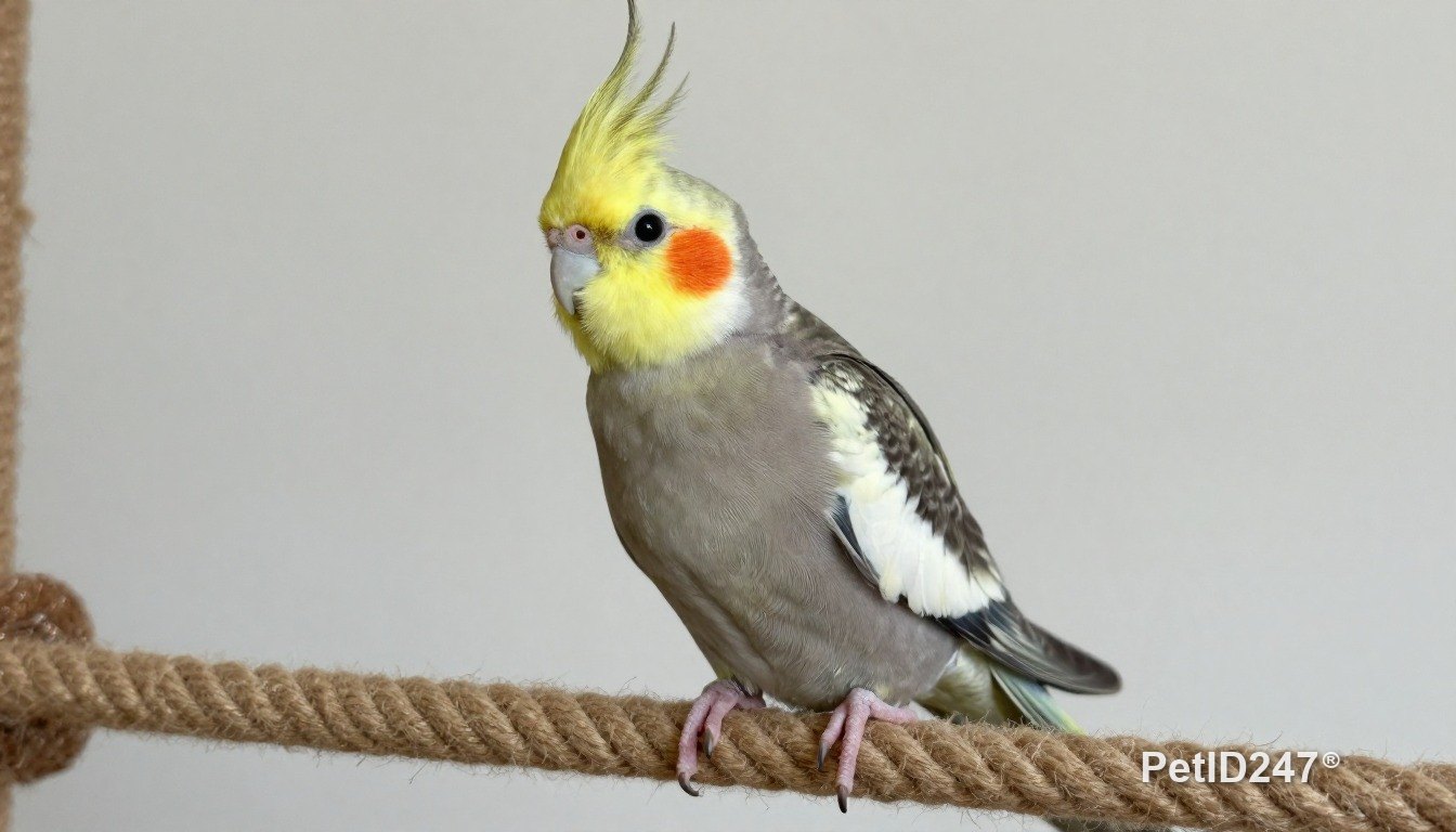 Cockatiel playing on a rope perch