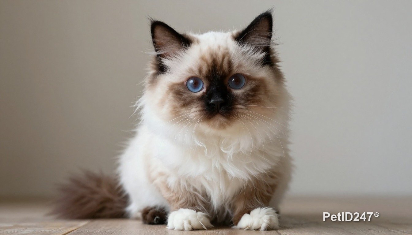 Mèo ragdoll ngồi nhìn thẳng