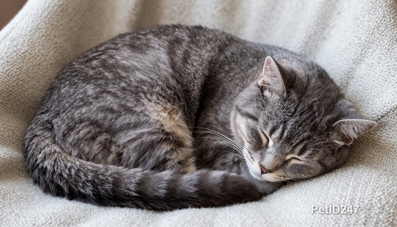 Grey tabby cat curled up asleep