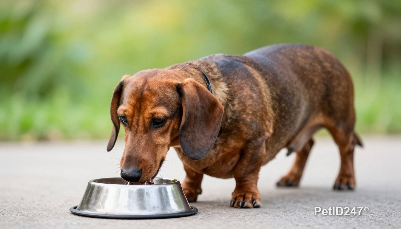 Dachshund eating from a bowl, morning light