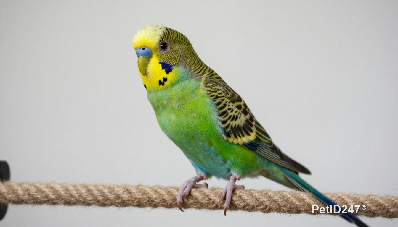Budgerigar playing on a rope perch