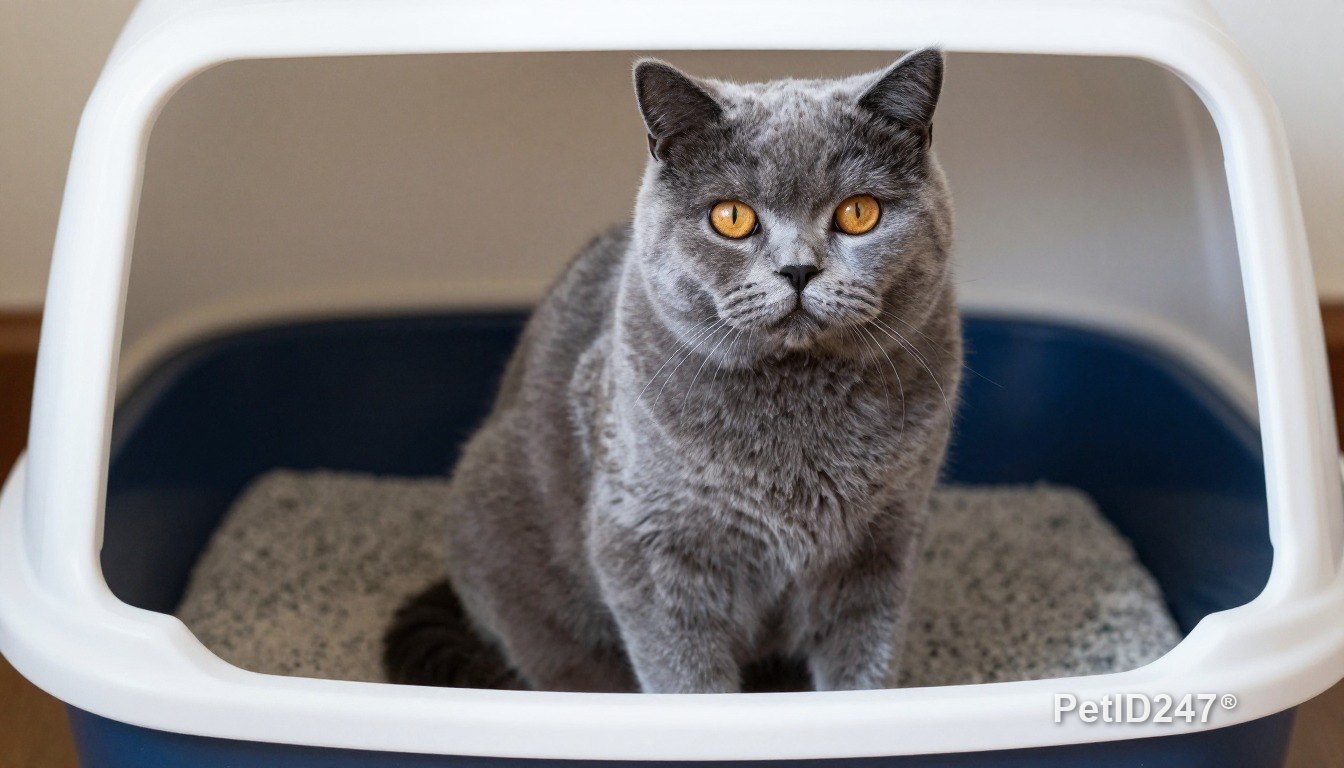 British shorthair next to a litter box
