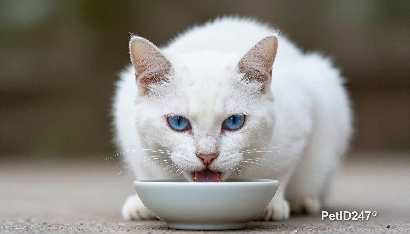 White cat eating from a bowl