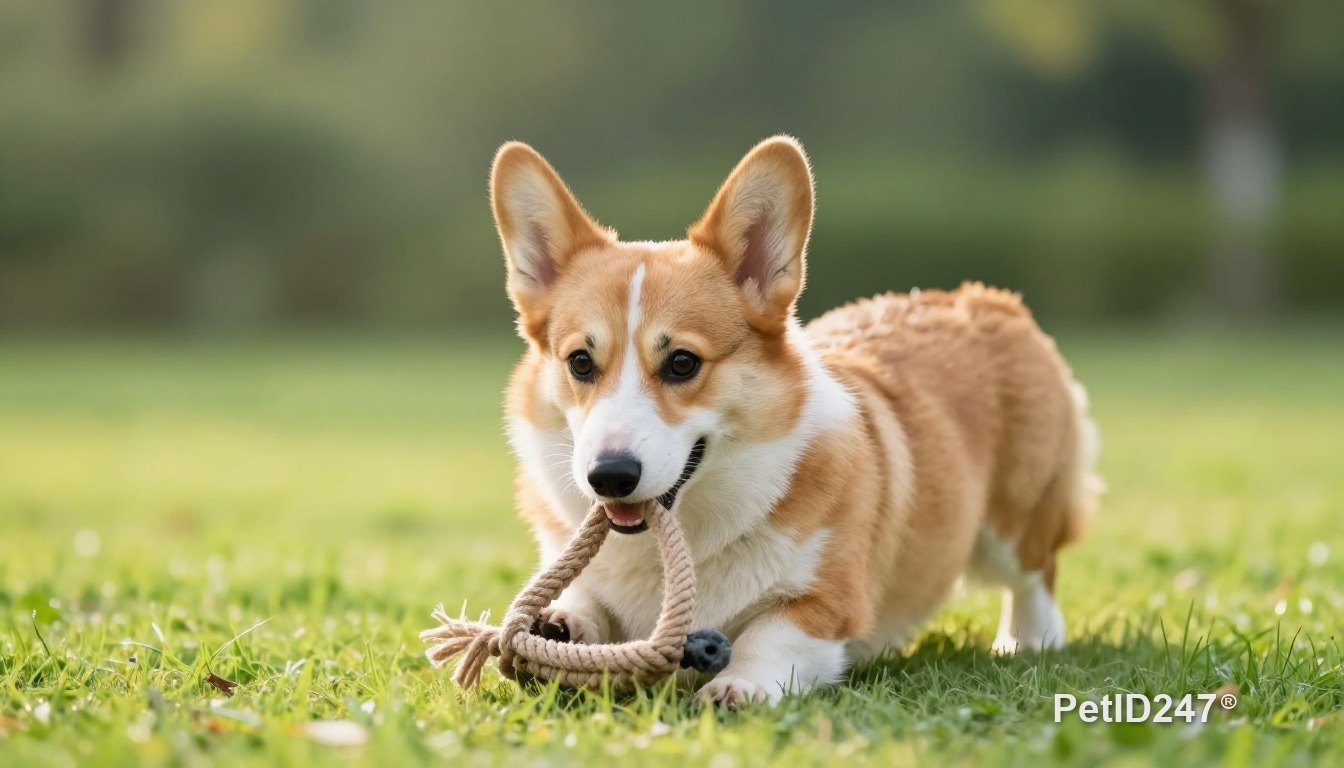 Corgi playing with a rope toy, morning light