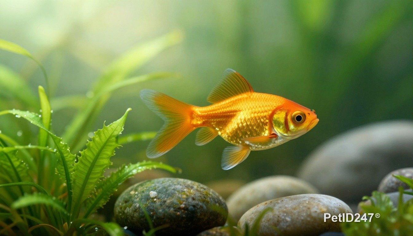 Goldfish among aquatic plants, morning light