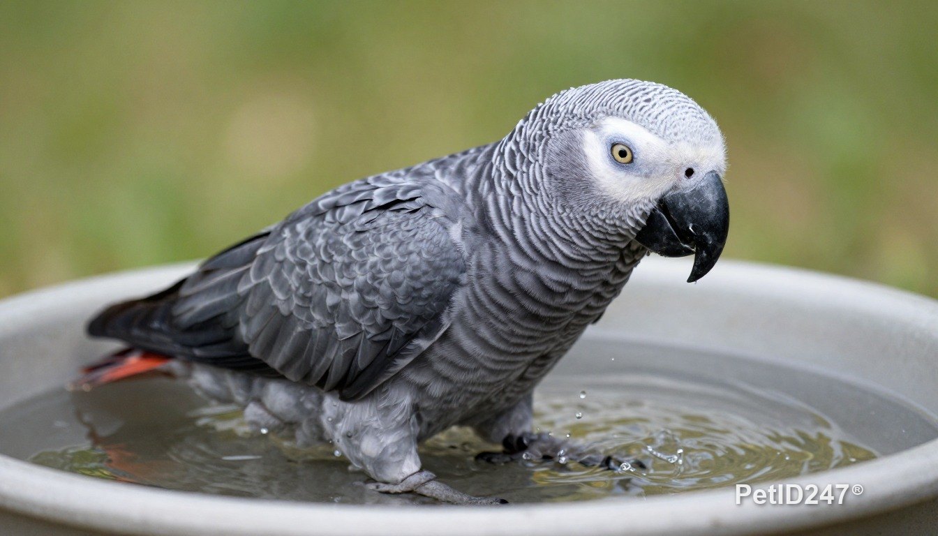 African grey parrot bathing