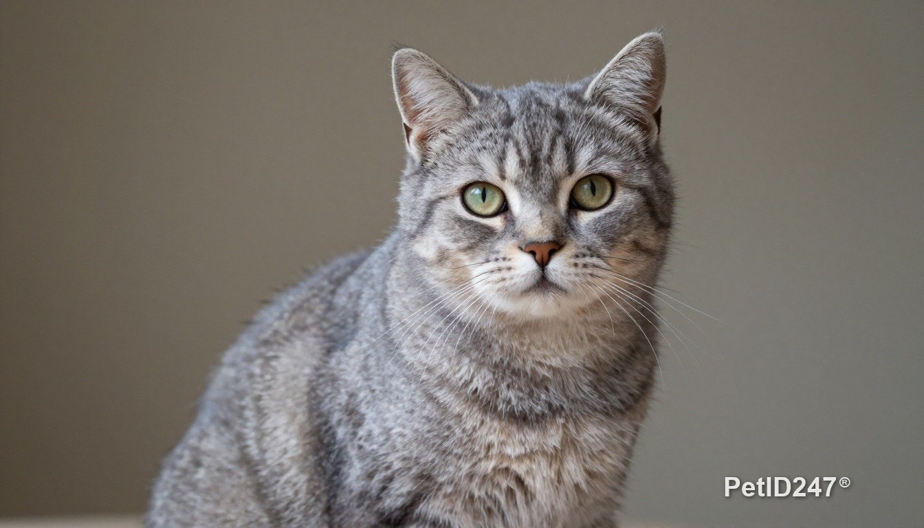 Grey tabby cat sitting, looking at the camera