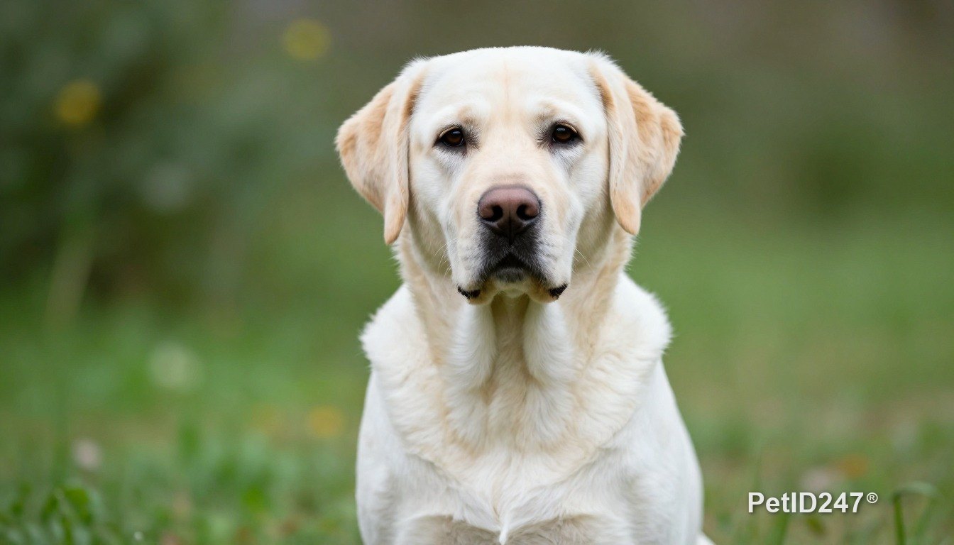 Chó labrador ngồi nhìn thẳng, nắng sớm