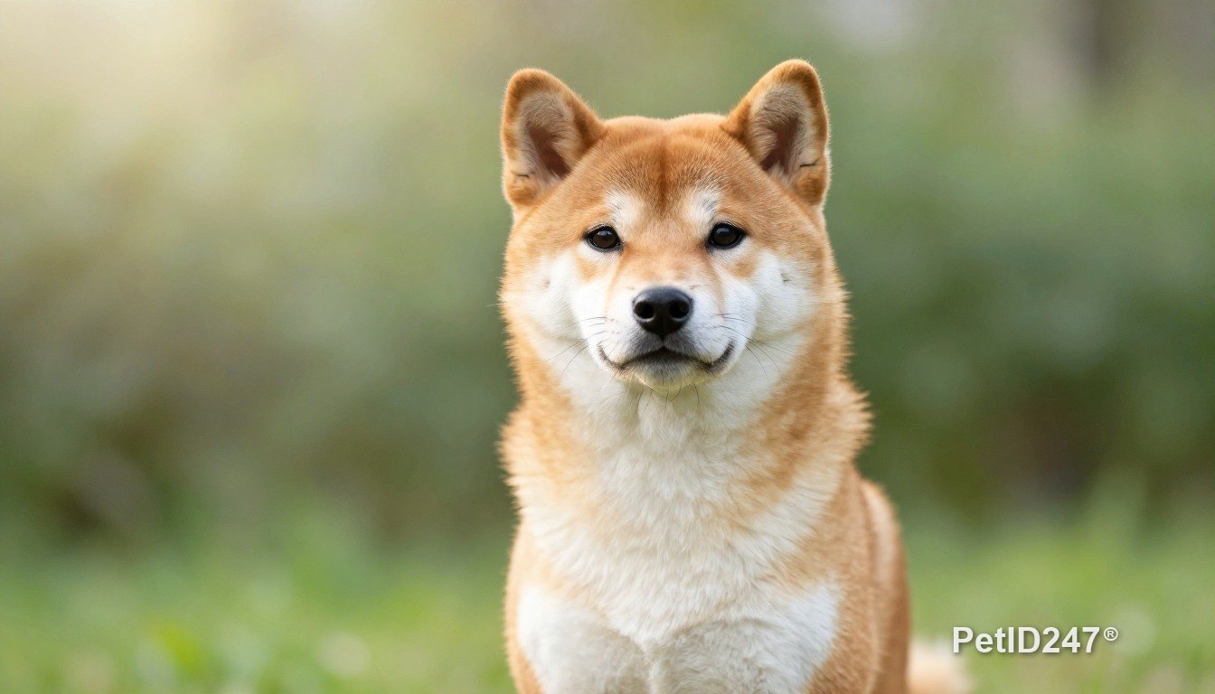 Shiba inu sitting, looking at the camera, morning light