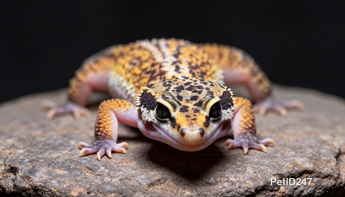 Leopard gecko on a flat stone, dark background