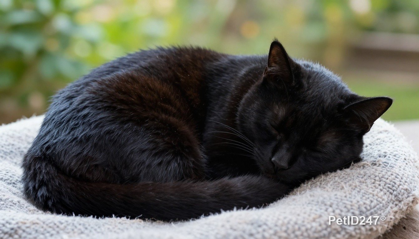 Black cat curled up asleep, morning light