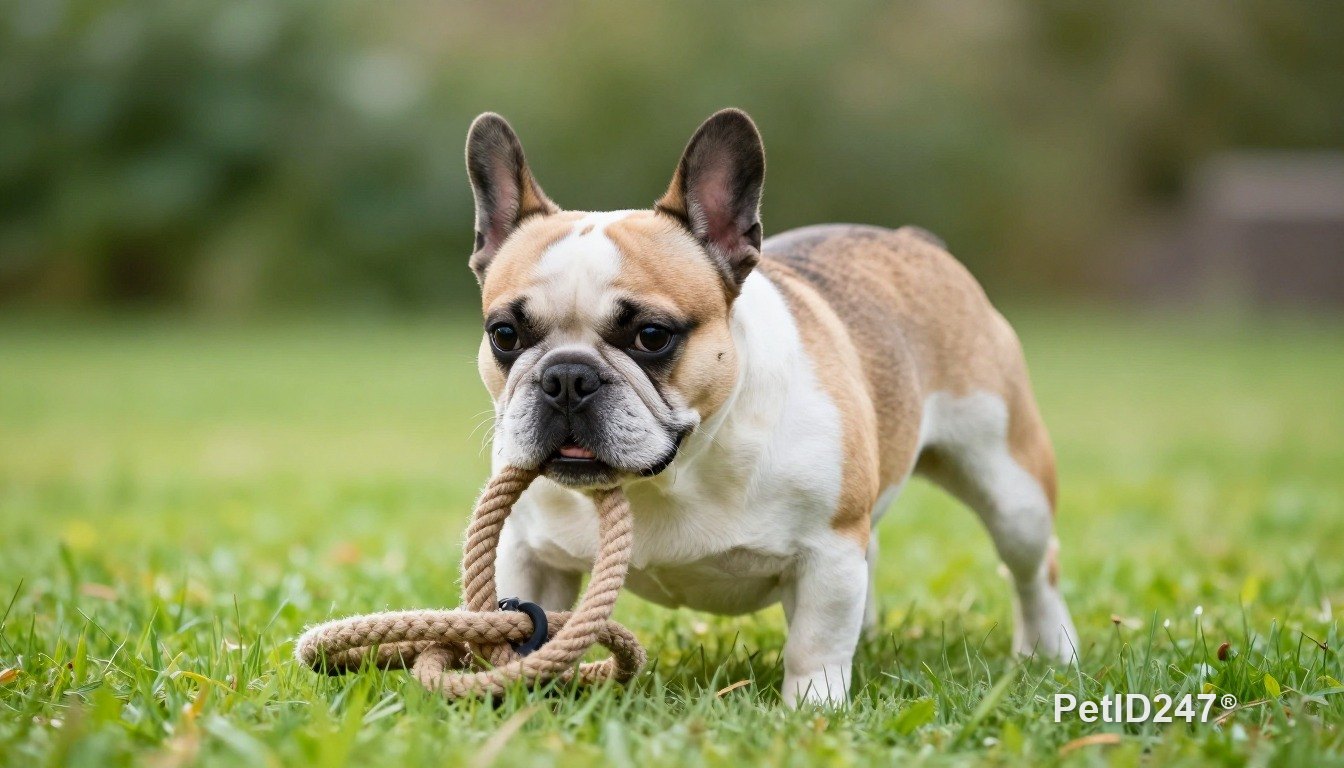 Chó bulldog Pháp chơi dây thừng trên cỏ, nắng sớm