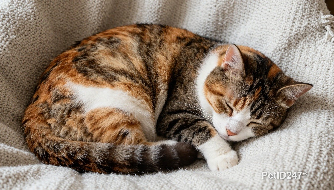 Mèo tam thể cuộn tròn ngủ