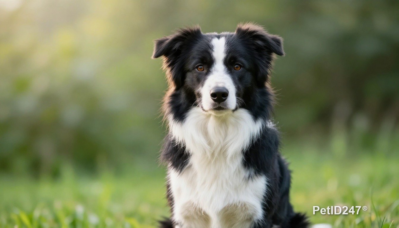 Chó border collie ngồi nhìn thẳng, nắng sớm