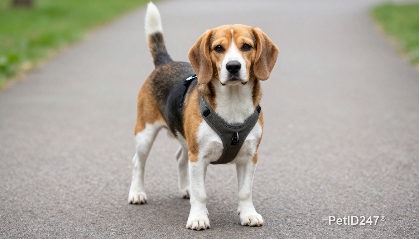 Beagle out for a walk in a harness