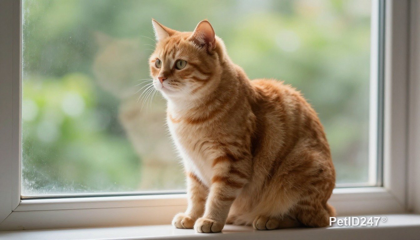 Orange tabby cat sitting by the window, morning light