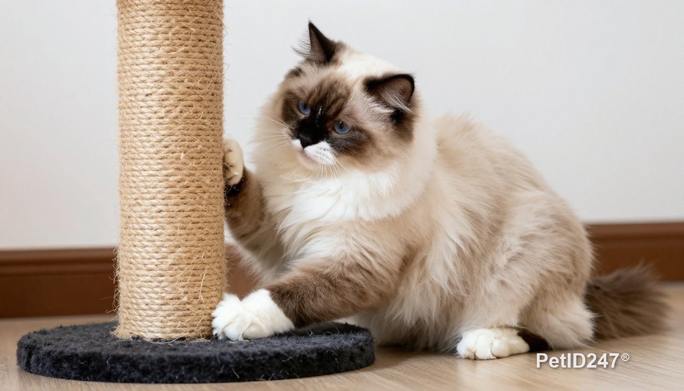 Ragdoll cat using a scratching post
