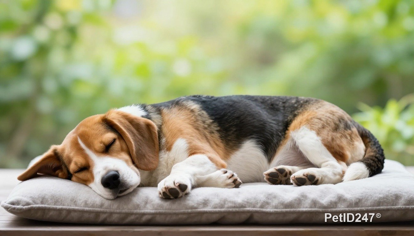 Beagle sleeping on a cushion, morning light
