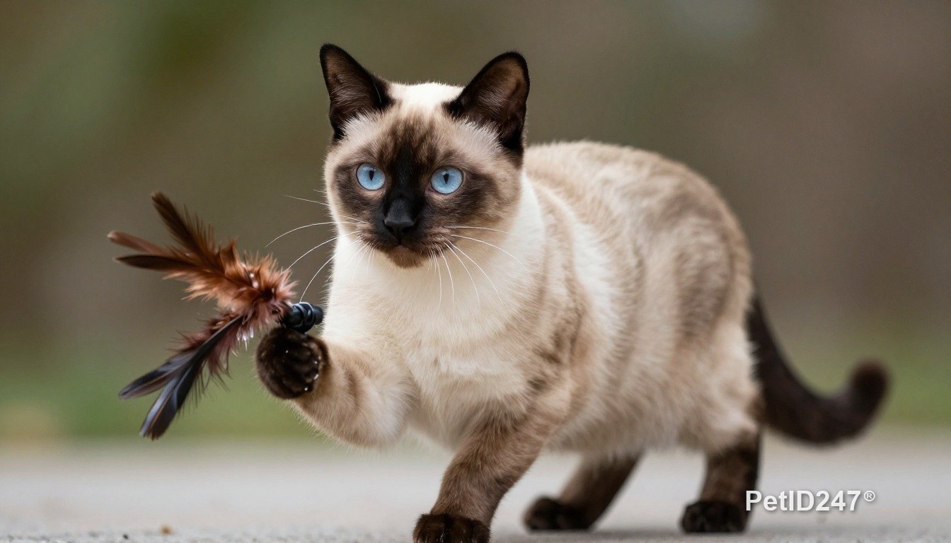 Siamese cat playing with a feather toy