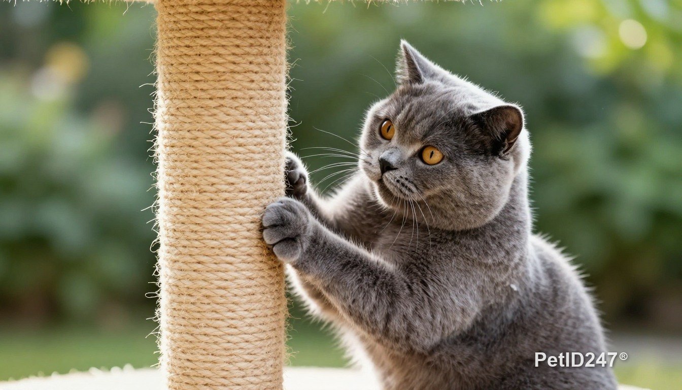 British shorthair using a scratching post, morning light