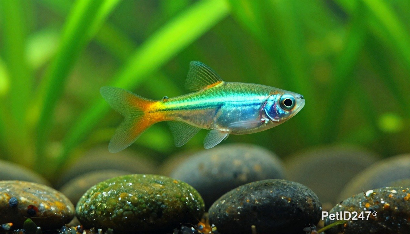 Cá neon bên cây thuỷ sinh, nắng sớm