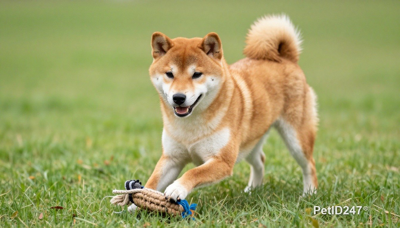 Shiba inu playing with a rope toy