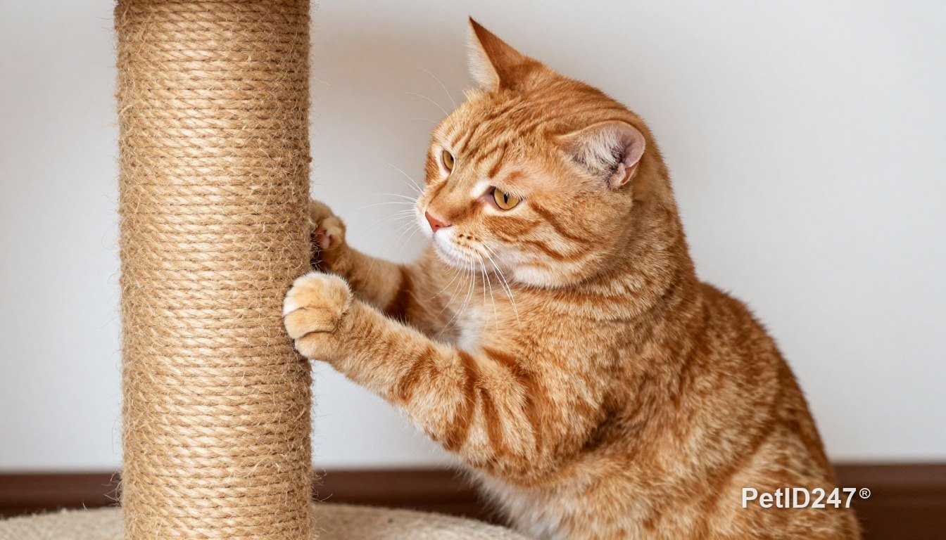 Orange tabby cat using a scratching post