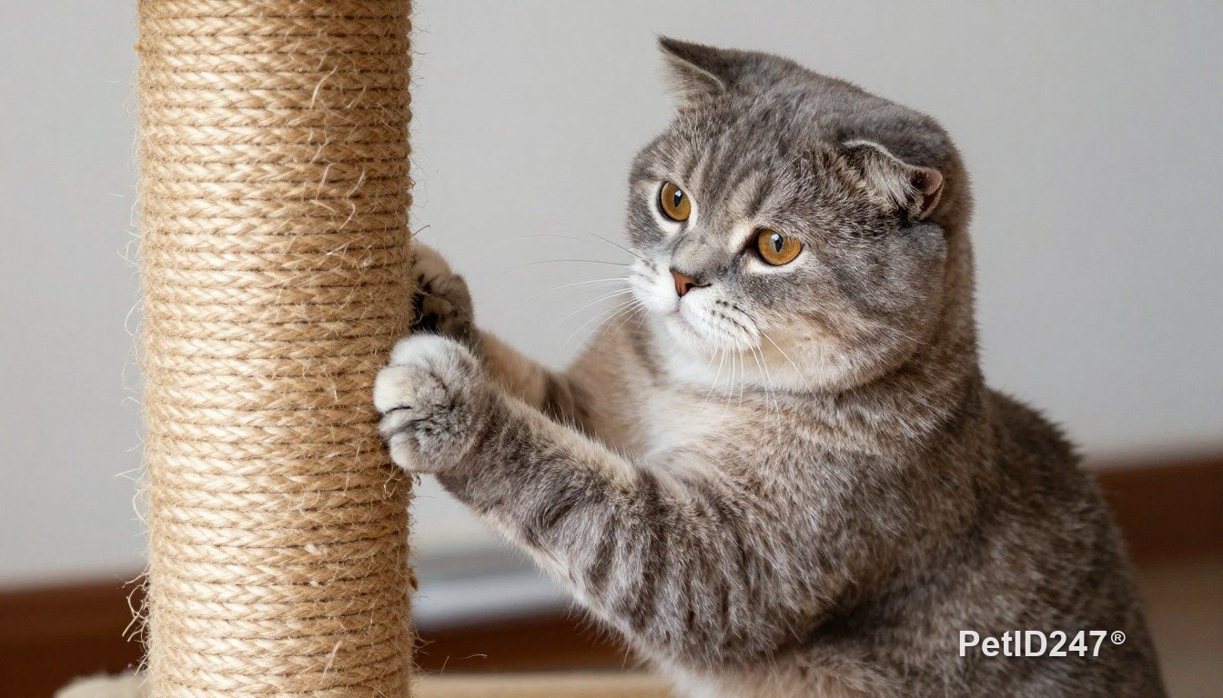 Scottish fold using a scratching post