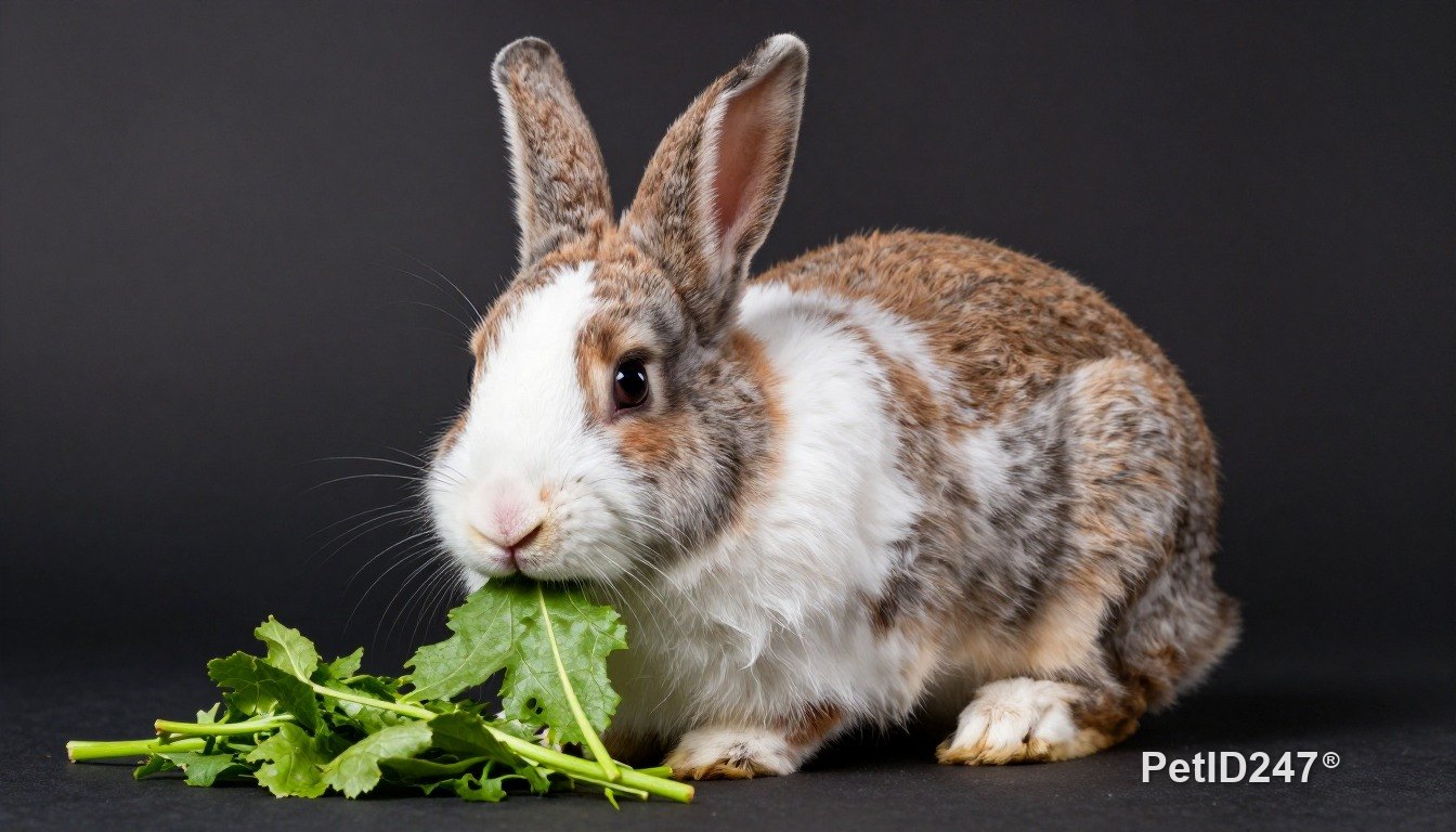 Spotted rabbit eating fresh greens, dark background