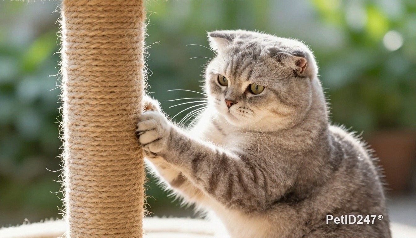 Scottish fold using a scratching post, morning light