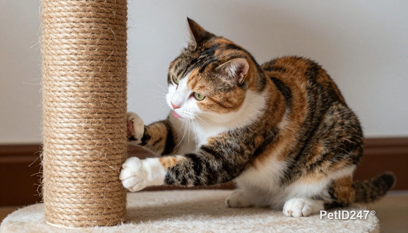 Calico cat using a scratching post