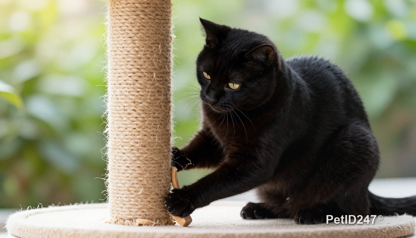 Black cat using a scratching post, morning light