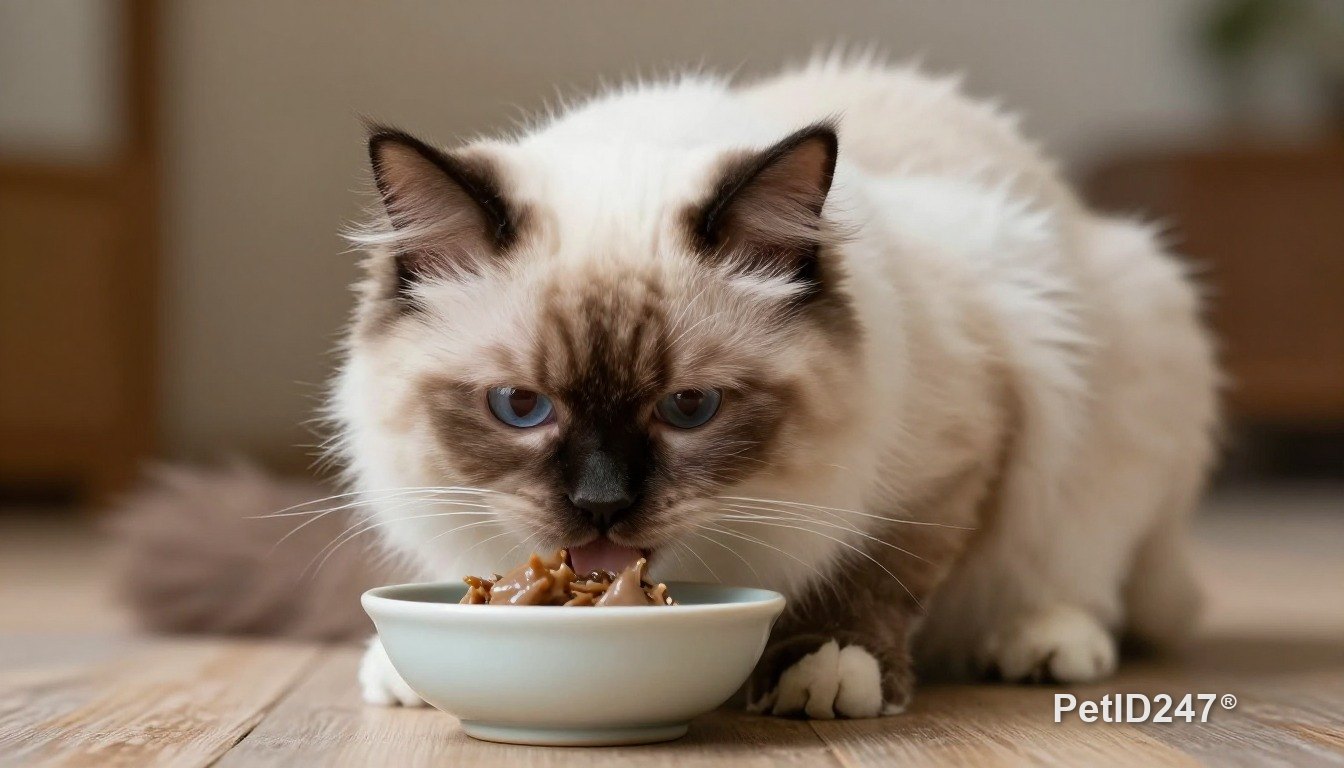 Mèo ragdoll ăn trong bát