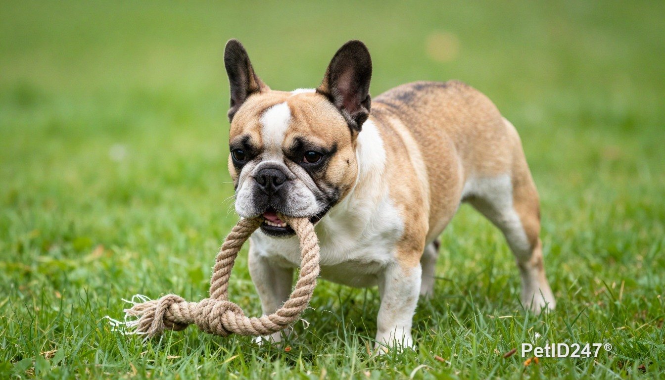 French bulldog playing with a rope toy