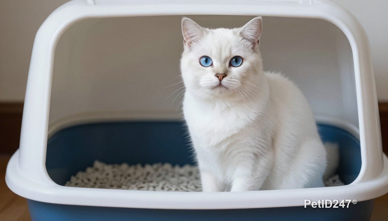 White cat next to a litter box