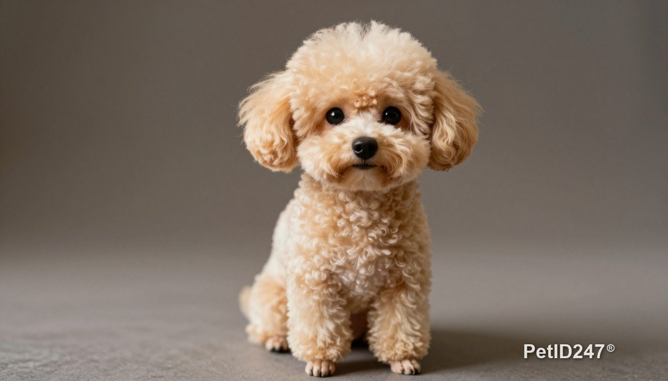 Toy poodle sitting, looking at the camera