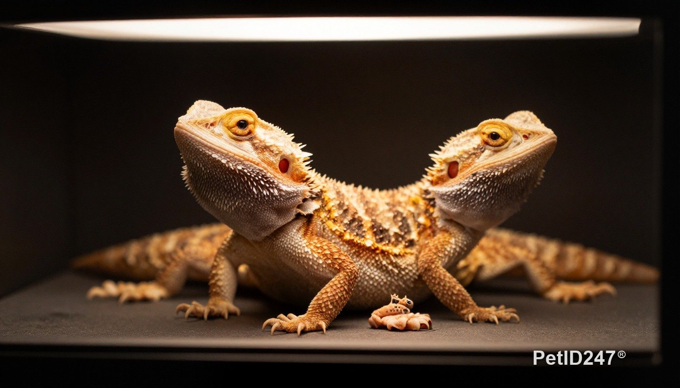 Bearded dragon basking under a lamp, dark background