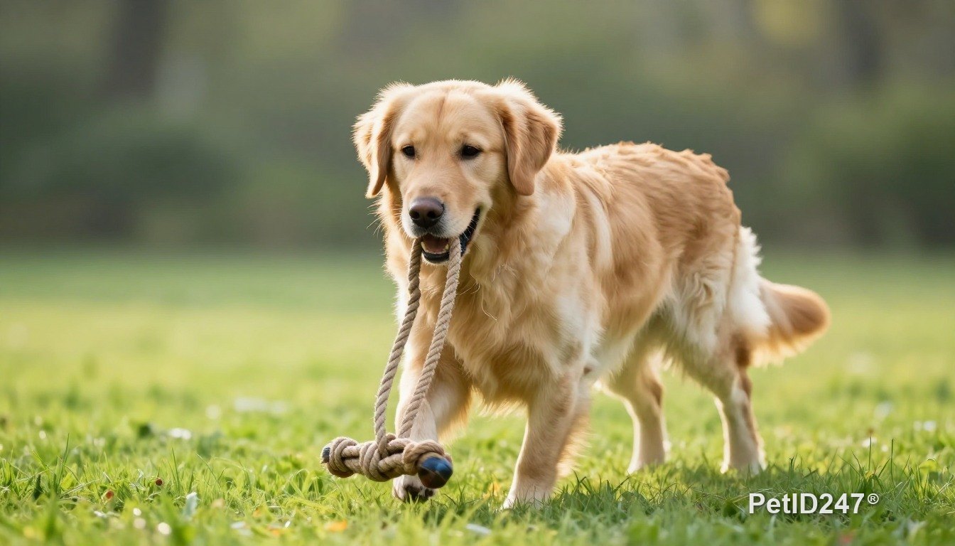 Golden retriever playing with a rope toy, morning light
