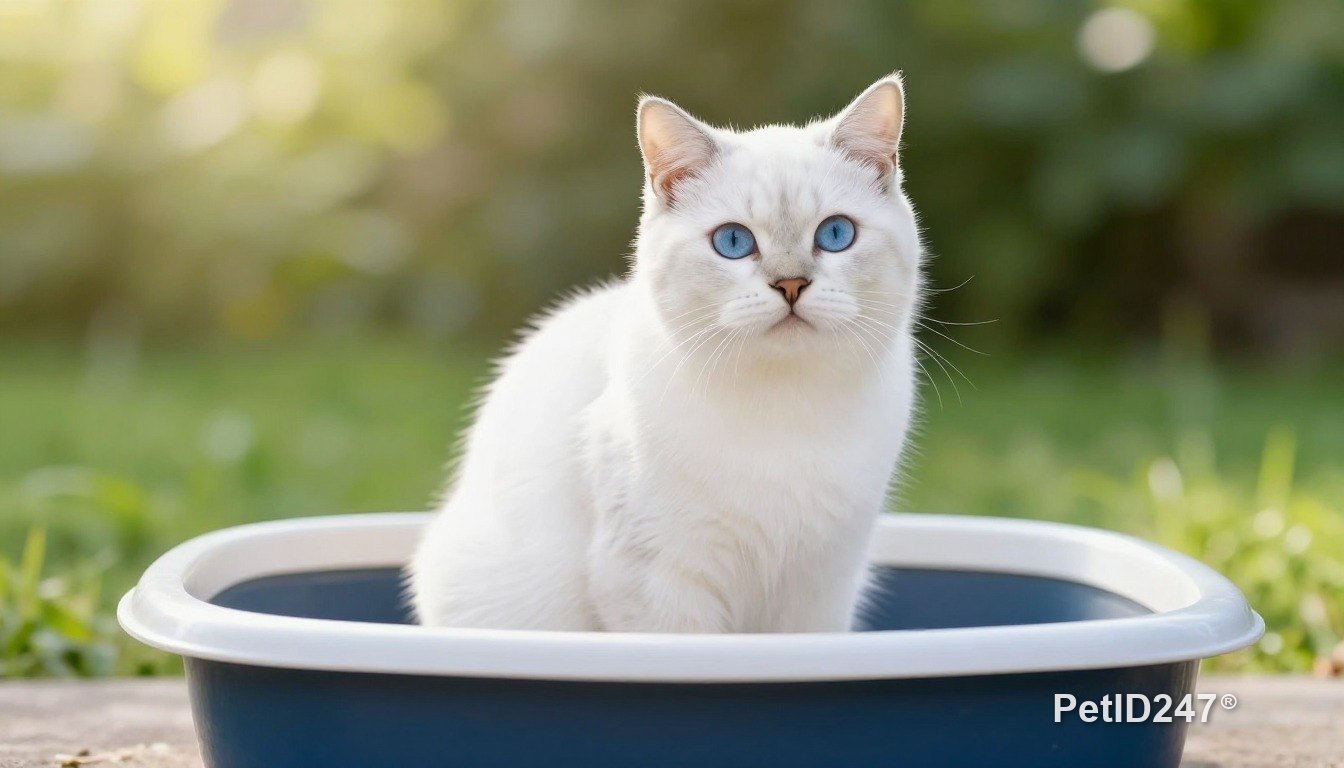 White cat next to a litter box, morning light