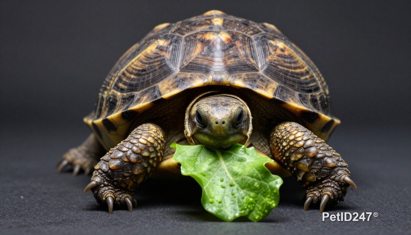 Tortoise eating, dark background