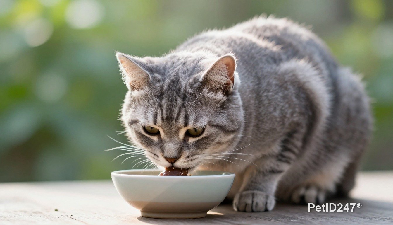 Grey tabby cat eating from a bowl, morning light