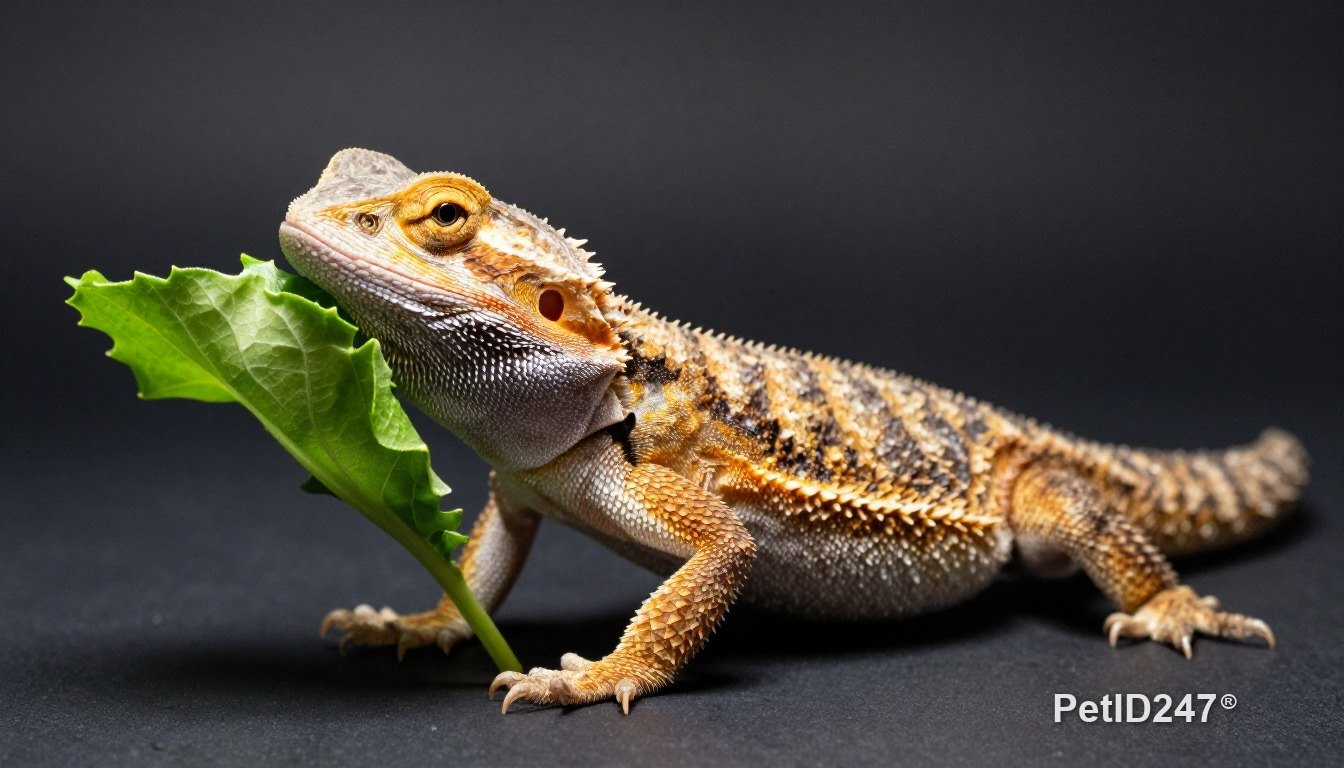 Bearded dragon eating, dark background