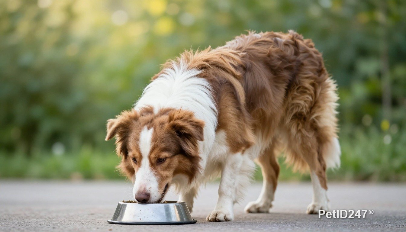 Border collie eating from a bowl, morning light