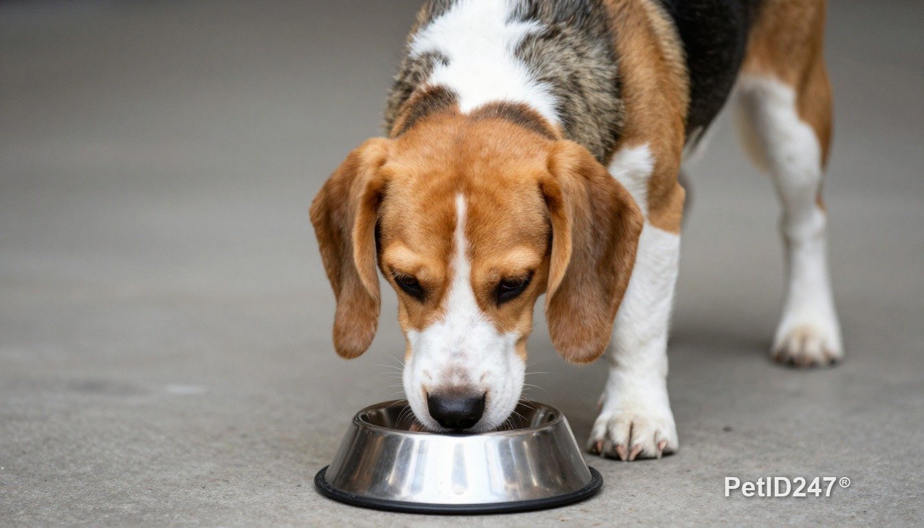 Beagle eating from a bowl