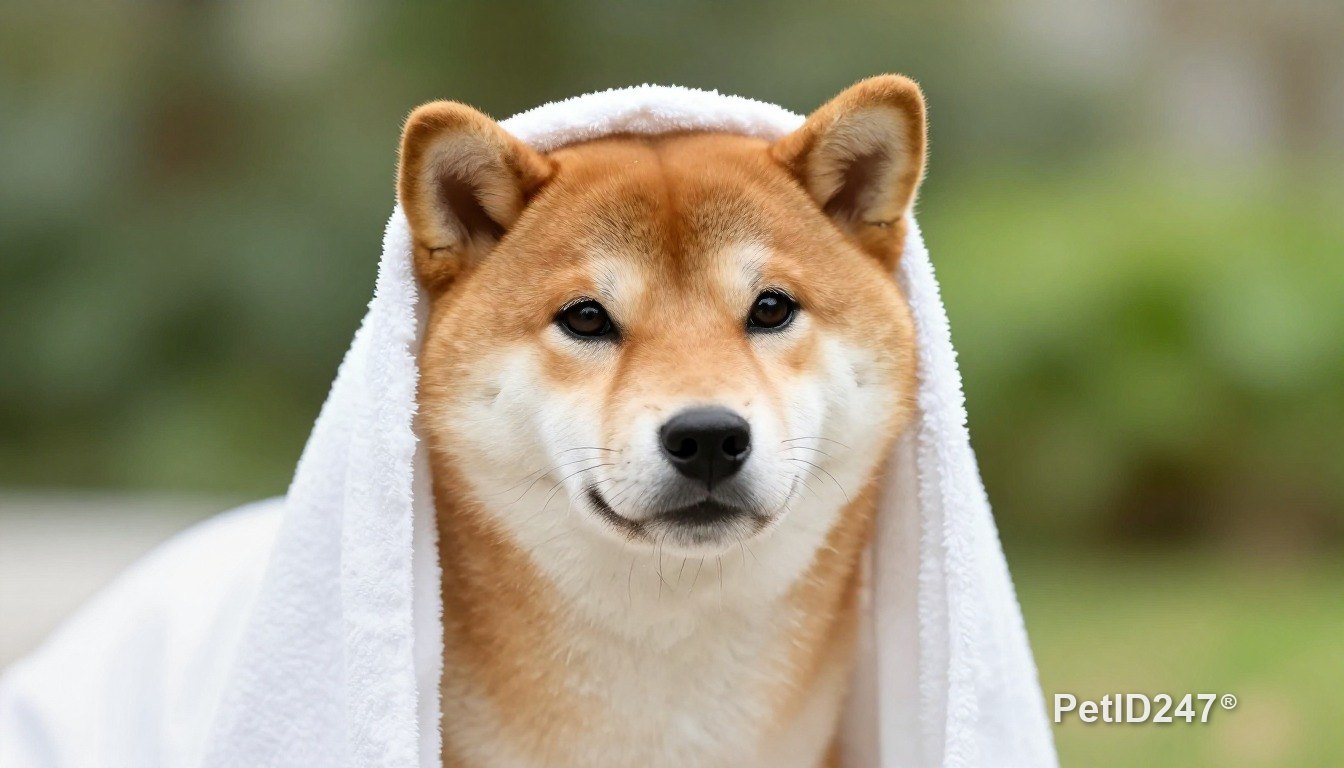 Shiba inu in a towel after a bath, morning light